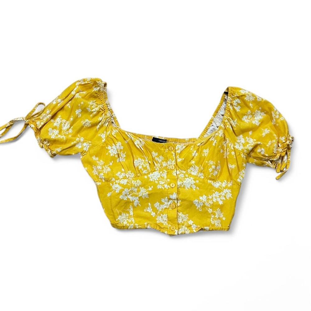 Forever 21 Yellow Bubbly Floral Crop Top, Large